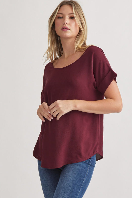 Solid Scoop Neck Cuff Sleeve Top - Fall