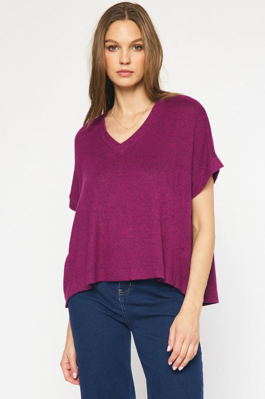 Short Sleeve V-Neck Hi-Low Hem Top