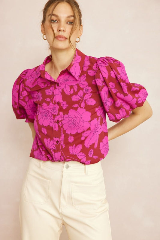 Floral Button Down Puff Sleeve Top- Brick