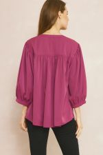 Solid V-Neck 3/4 Sleeve Top W/ Textured Trim