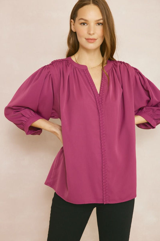 Solid V-Neck 3/4 Sleeve Top W/ Textured Trim
