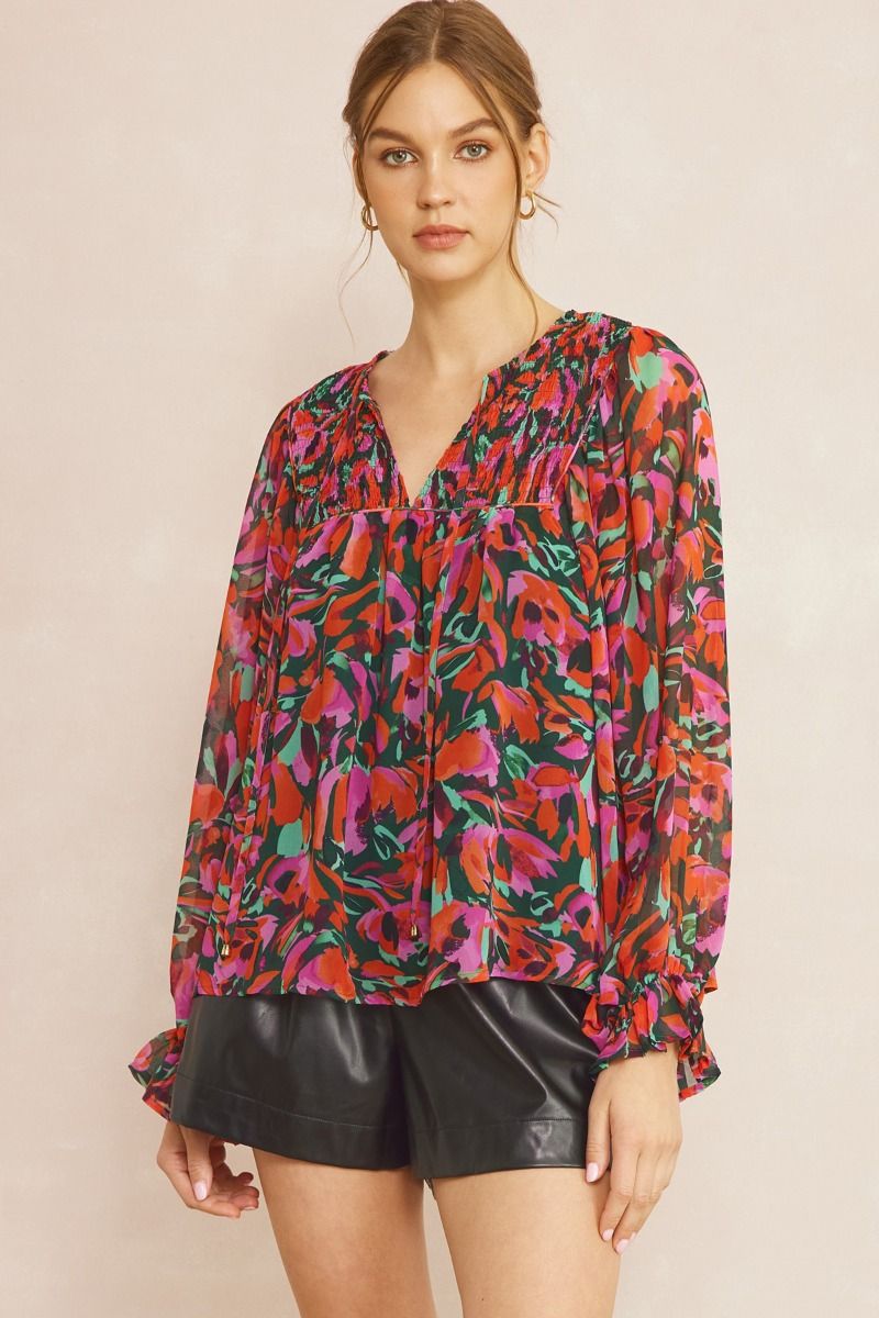 Floral Smocked Tie Neck Long Sleeve Top- Hunter