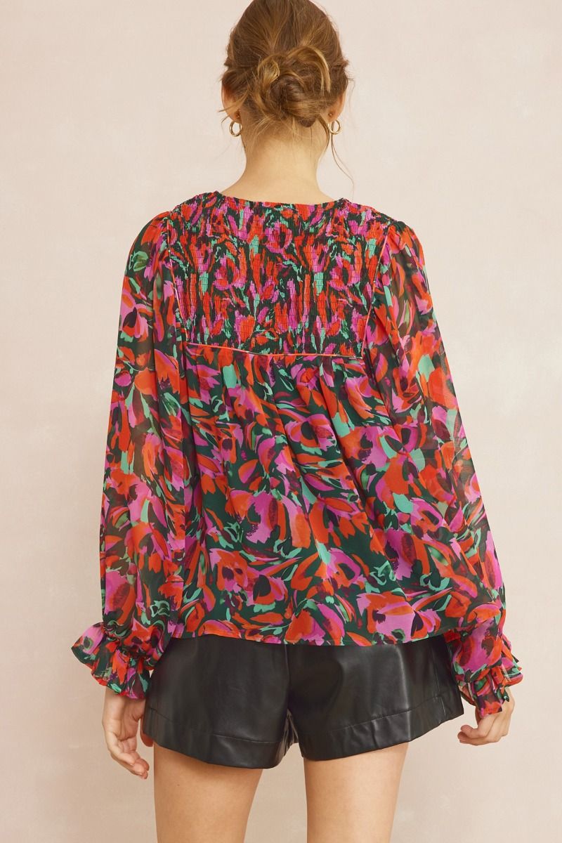 Floral Smocked Tie Neck Long Sleeve Top- Hunter