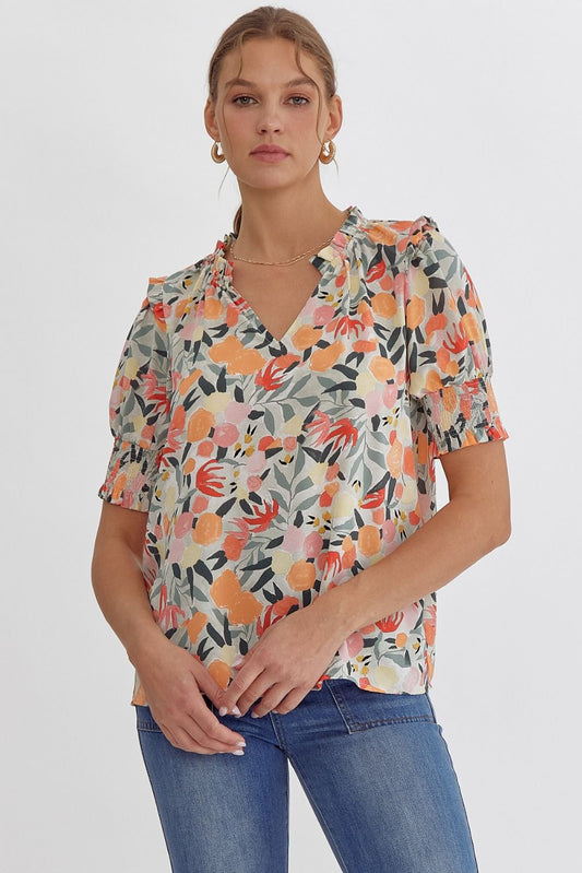 Floral Ruffle V-Neck Smocked Cuff Top - Peach