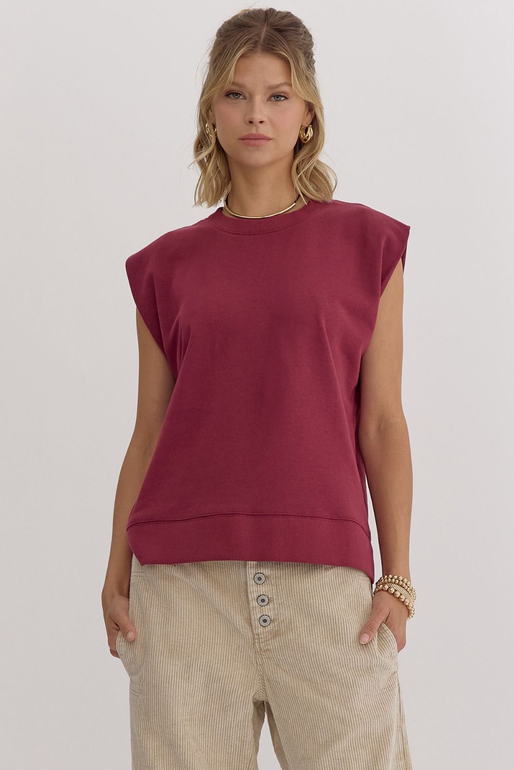 Solid Round Neck Side Slit Top