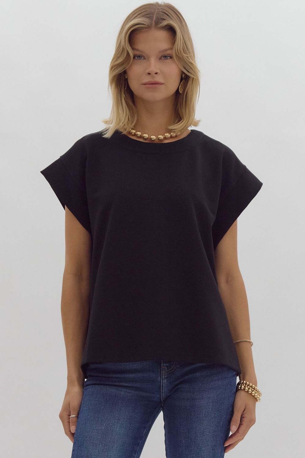 Solid Button Back Ribbed Cap Sleeve Top