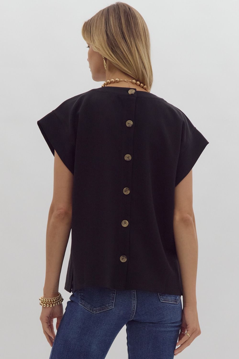 Solid Button Back Ribbed Cap Sleeve Top