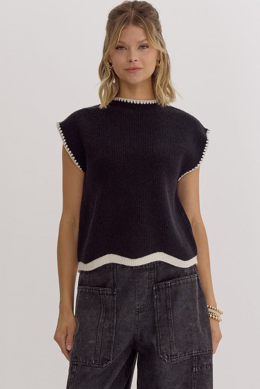 Solid Whipstitch Trim Mock Sweater