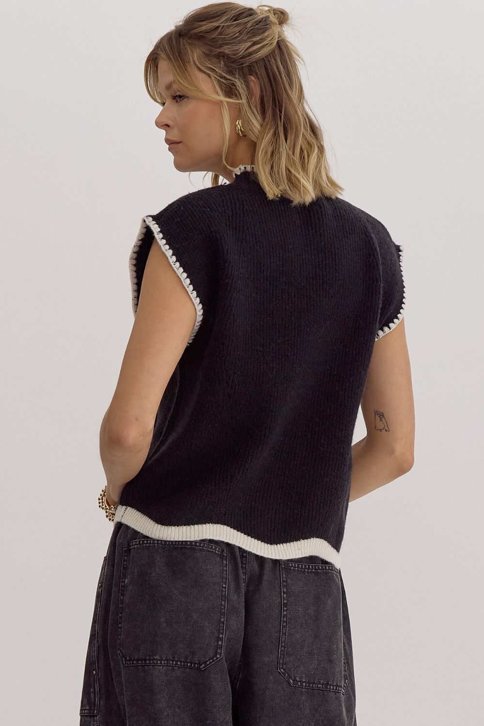 Solid Whipstitch Trim Mock Sweater