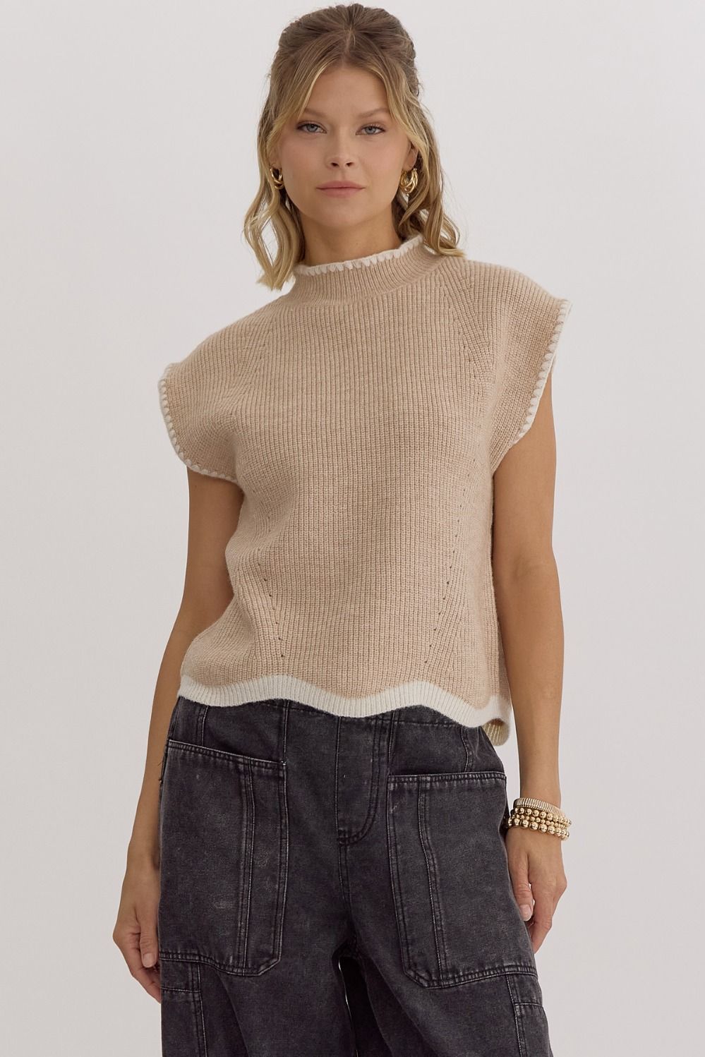 Solid Whipstitch Trim Mock Sweater