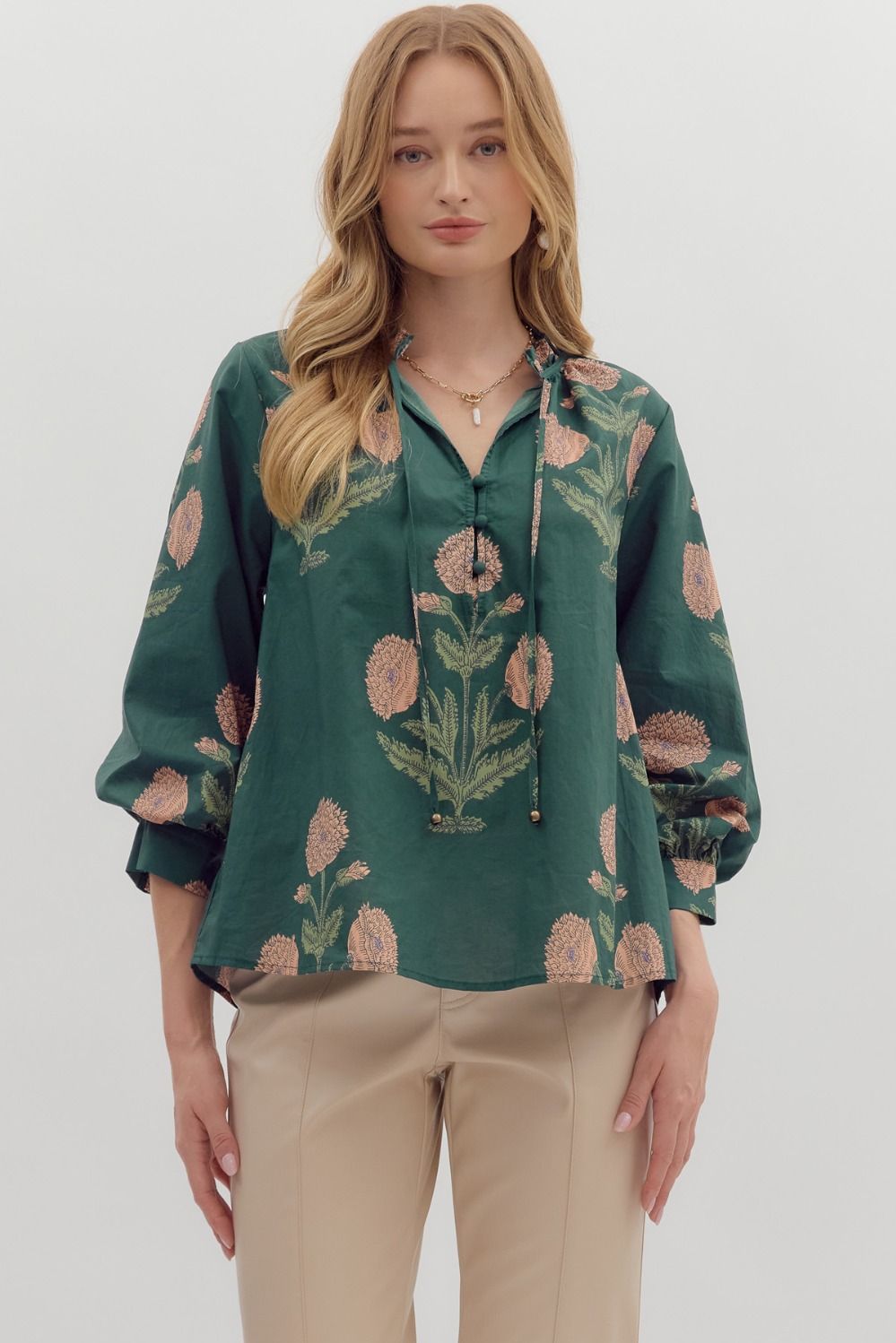 Large Floral 3/4 Bubble Sleeve Tie Neck Top-Hunter