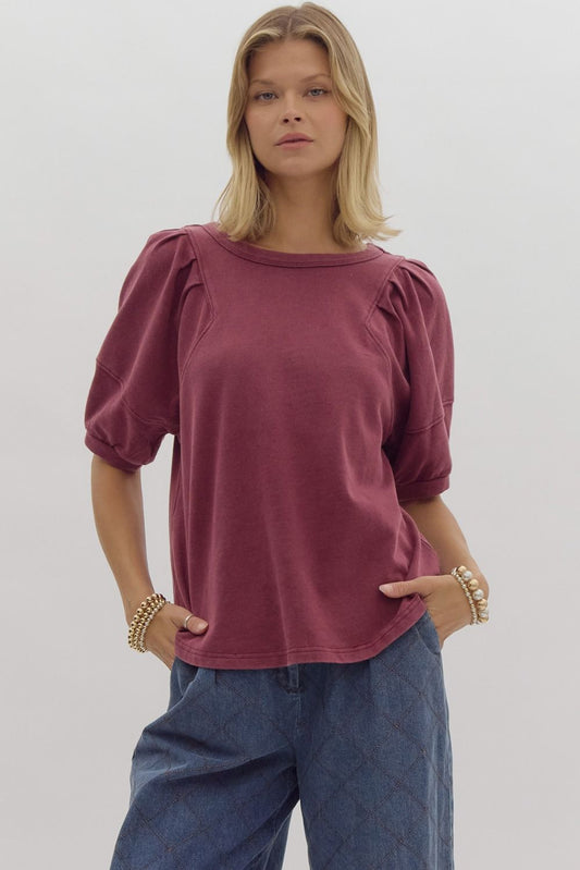 Solid Gathered Shoulder Round Neck Top