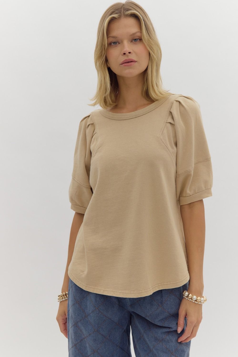 Solid Gathered Shoulder Round Neck Top