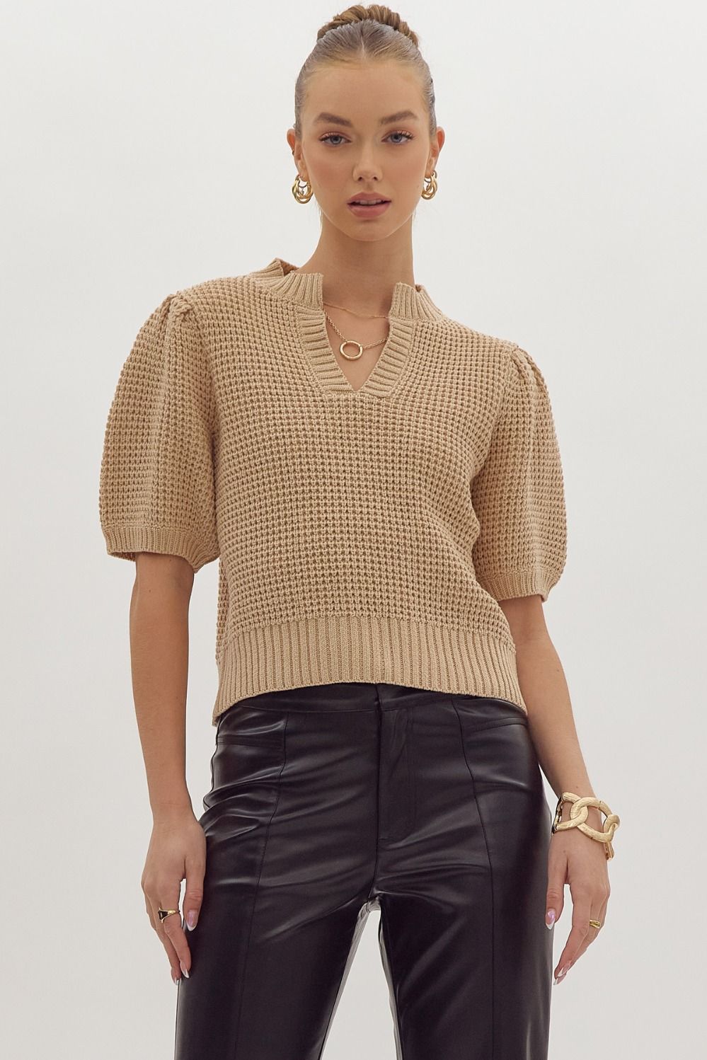 Solid Waffle Texture V-Neck Puff Short Sleeve Sweater