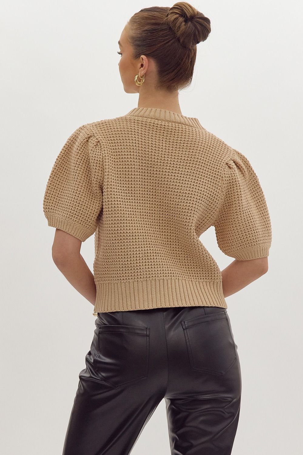 Solid Waffle Texture V-Neck Puff Short Sleeve Sweater