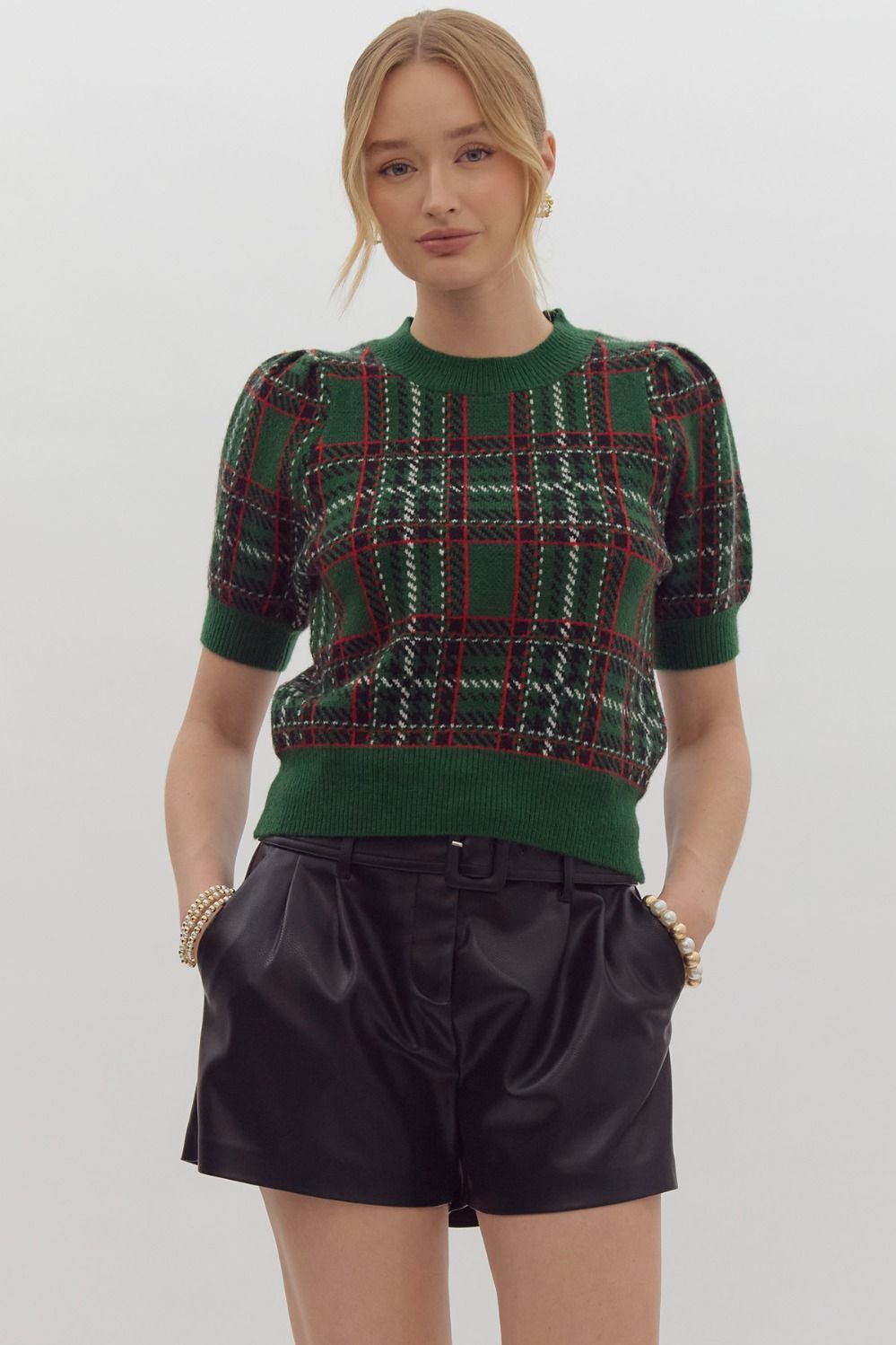 Plaid Round Neck Puff Sleeve Sweater