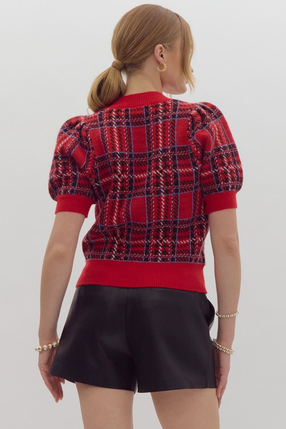 Plaid Round Neck Puff Sleeve Sweater