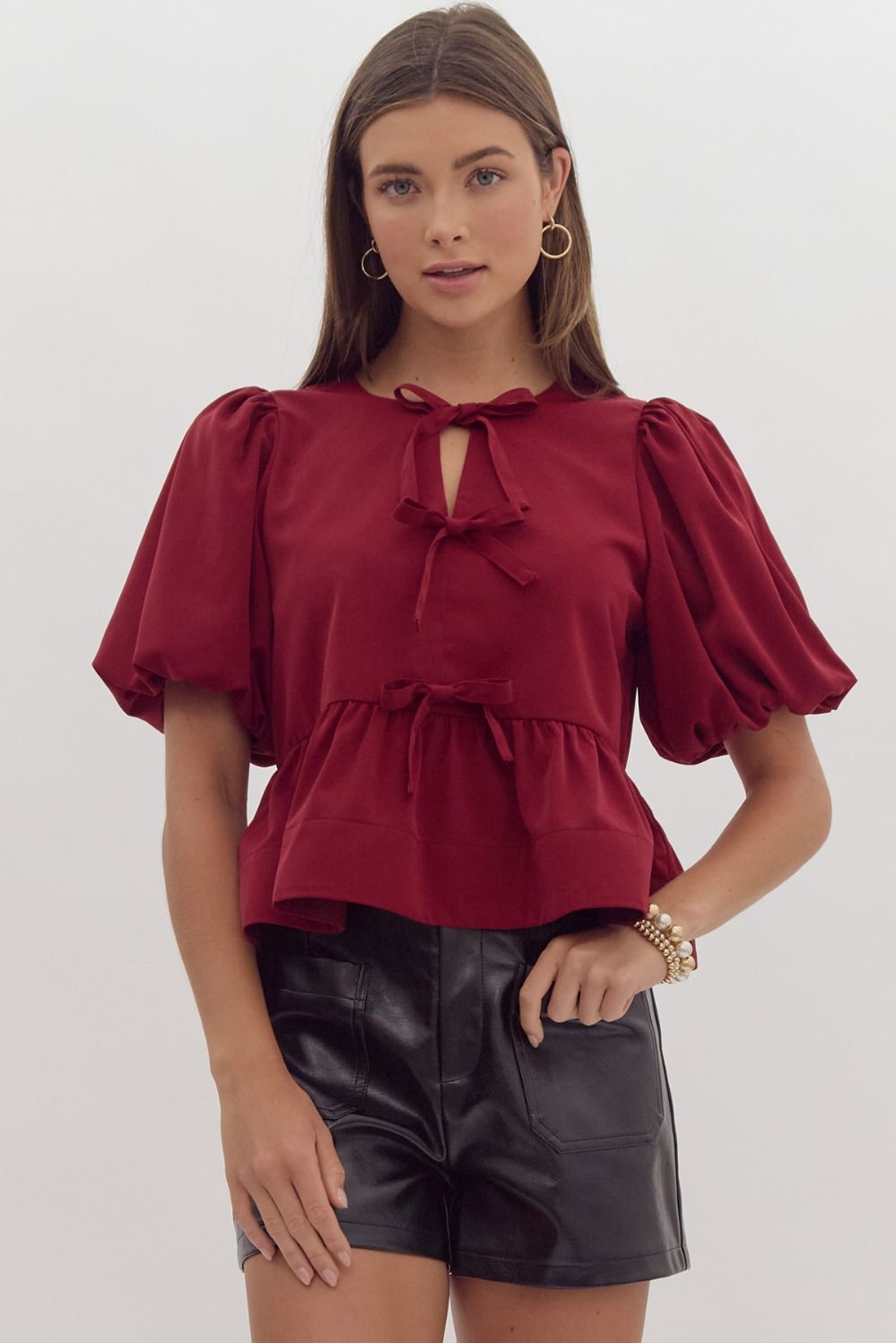 Solid Puff Sleeve Triple Tie Bow Top