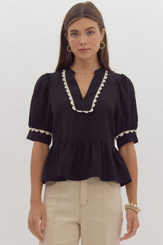 Scallop Trim Puff Sleeve Peplum Top - Black