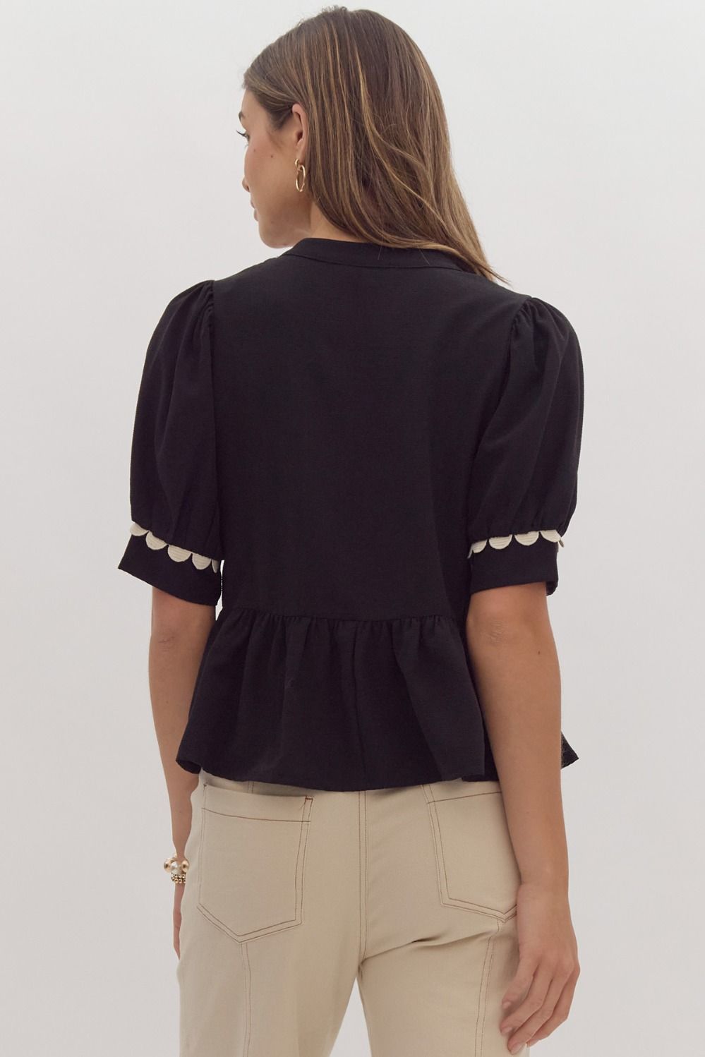 Scallop Trim Puff Sleeve Peplum Top - Black