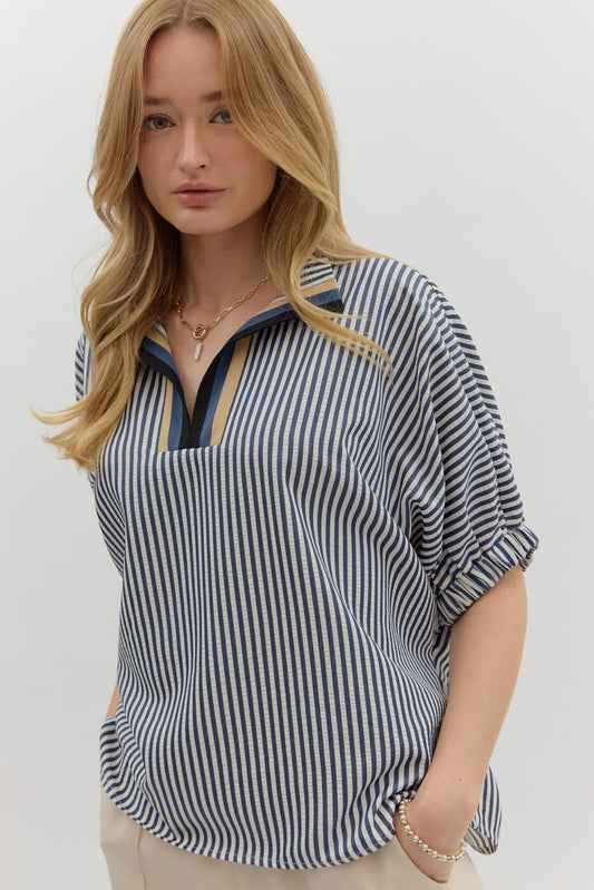 Striped Contrast Trim Split Neck Dolman Sleeve Top