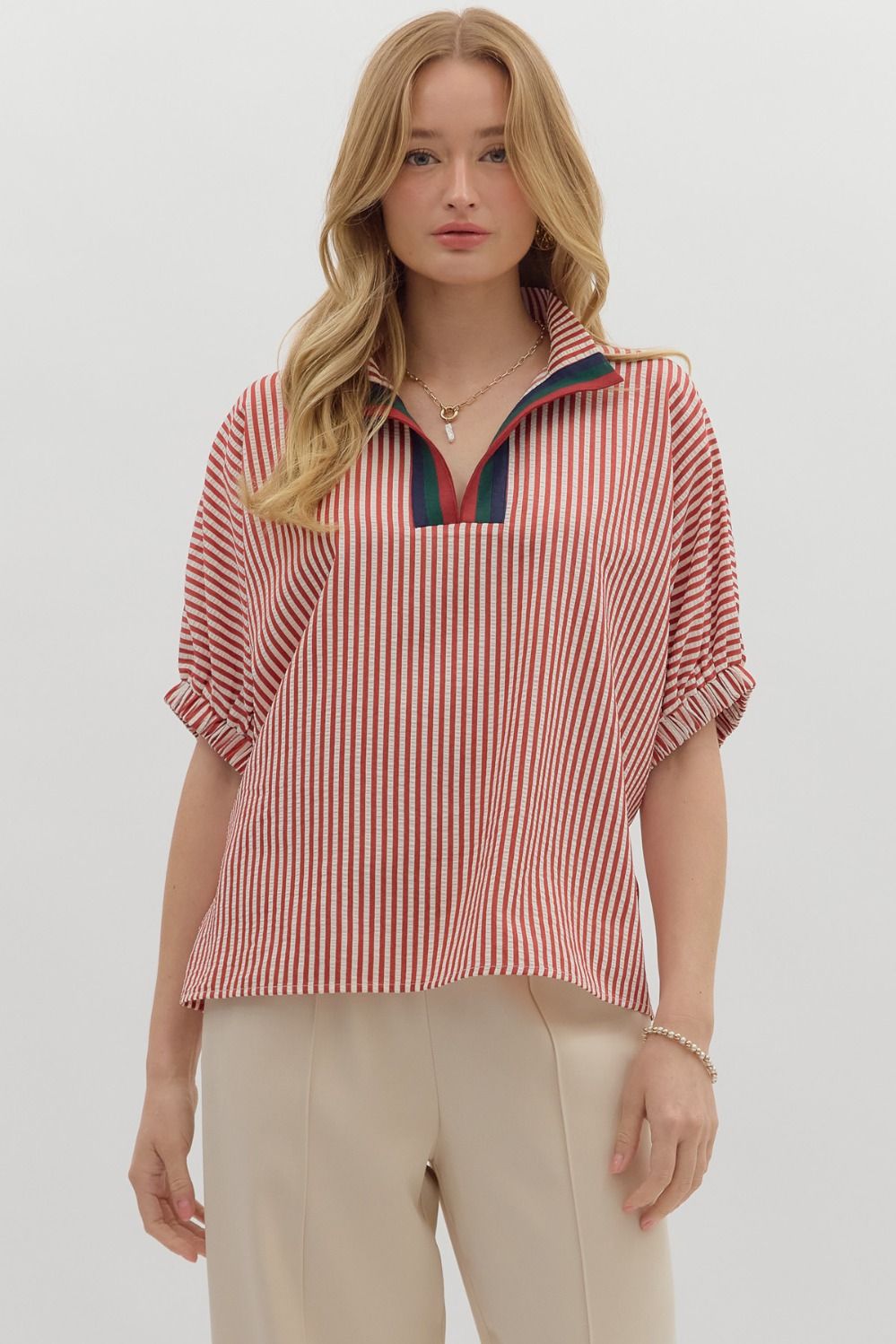 Striped Contrast Trim Split Neck Dolman Sleeve Top