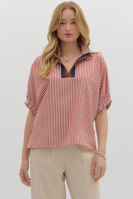 Striped Contrast Trim Split Neck Dolman Sleeve Top