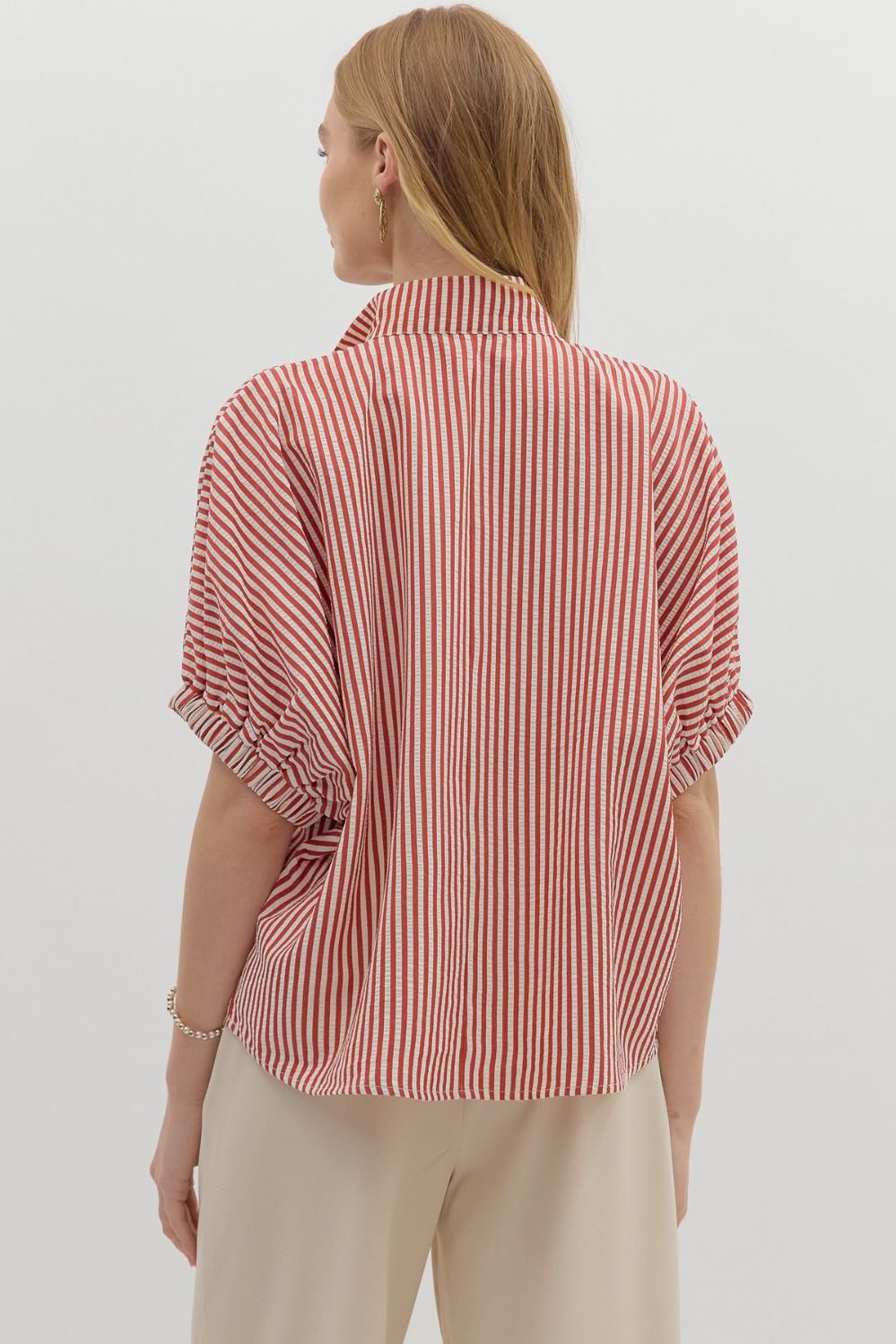 Striped Contrast Trim Split Neck Dolman Sleeve Top