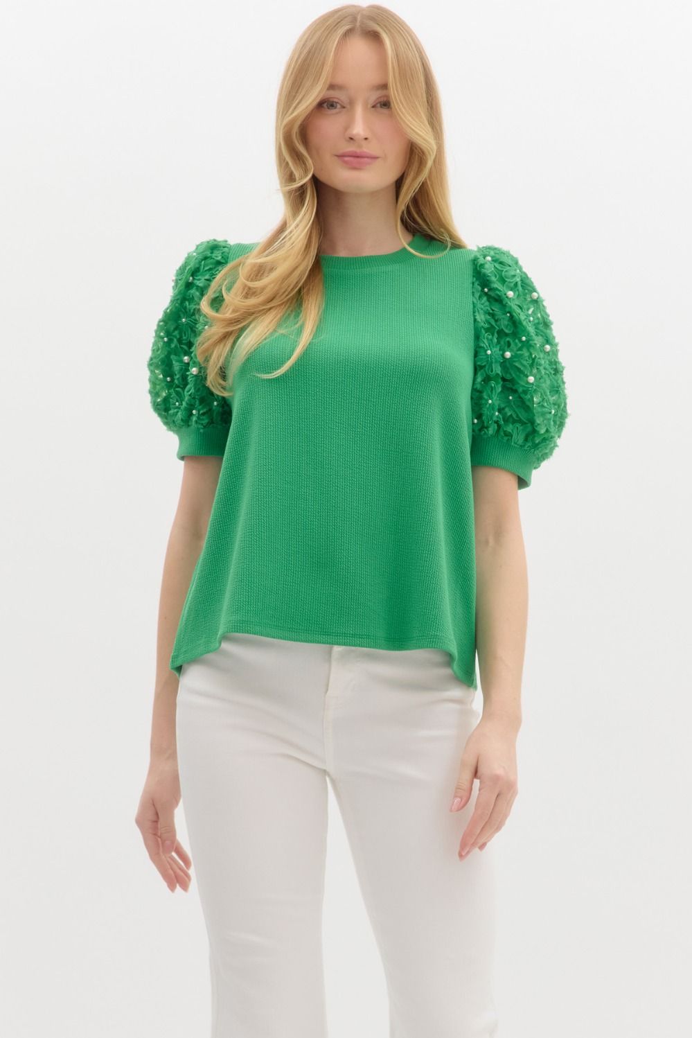 Pearl Jacquard Puff Sleeve Solid Top-Green