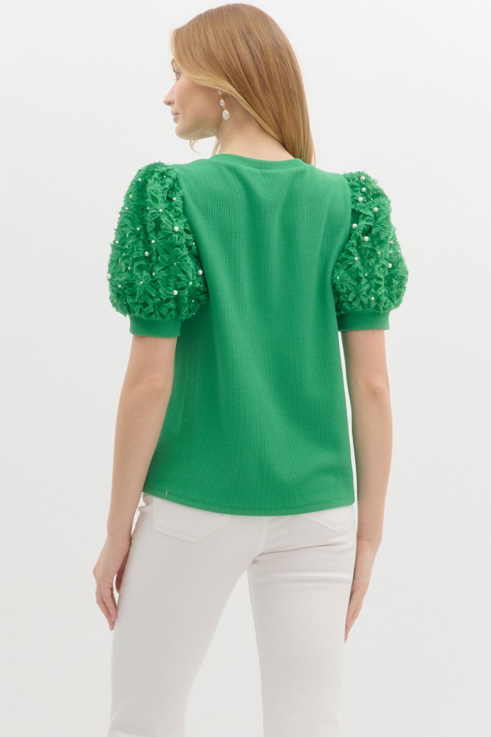 Pearl Jacquard Puff Sleeve Solid Top-Green