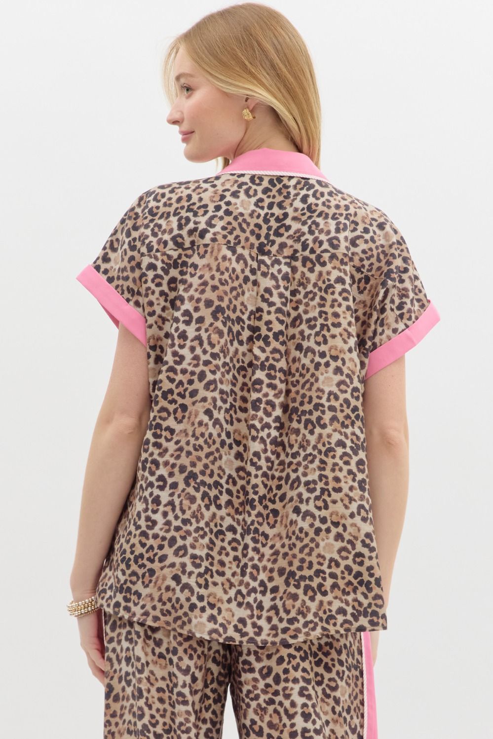 Leopard Button Down Contrast Trim Top-Pink