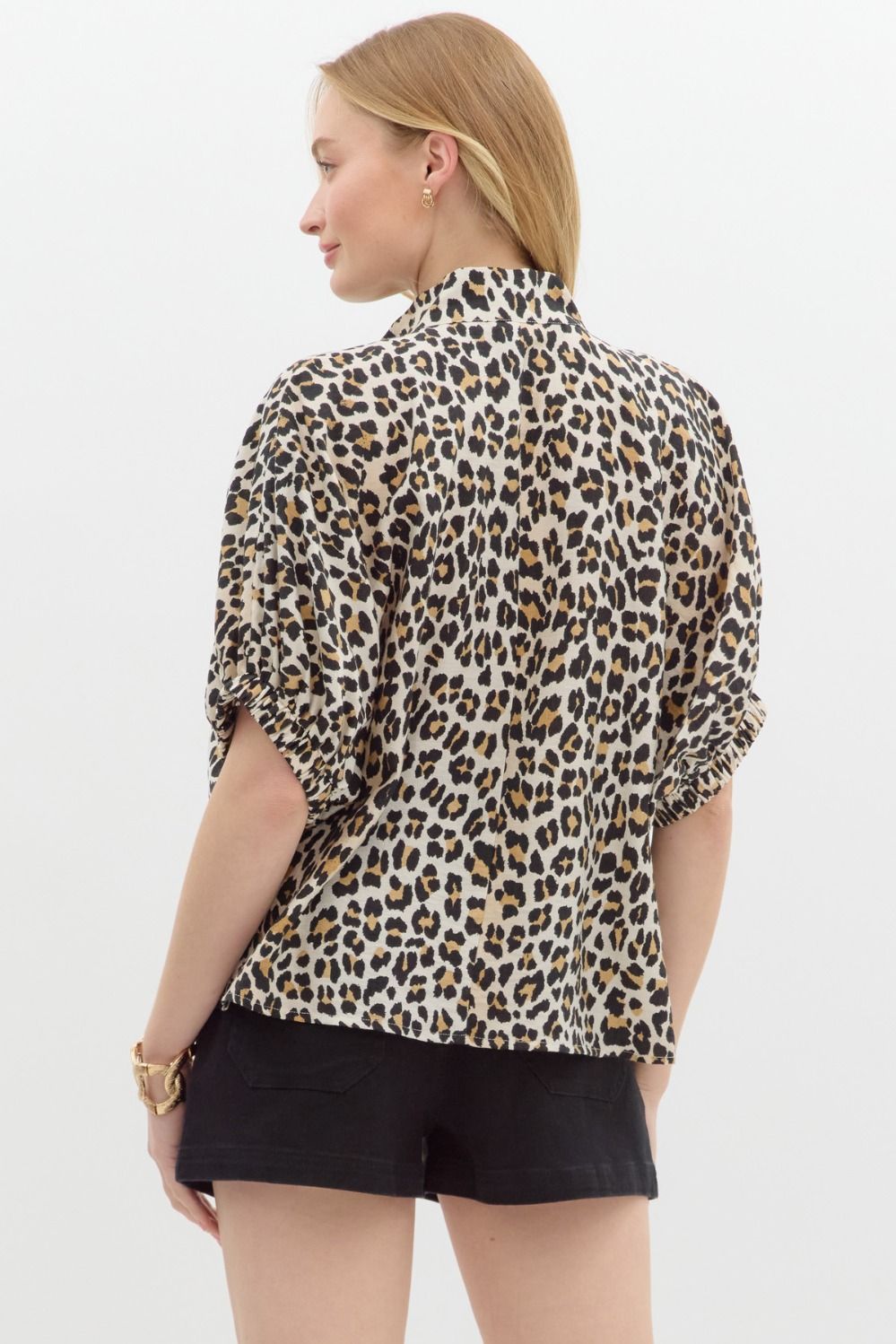 Leopard Contrast Stripe Neck Dolman Top-Camel