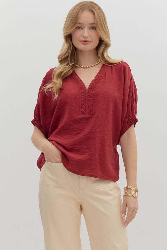 Solid Braided Detail Dolman Elastic Sleeve Top