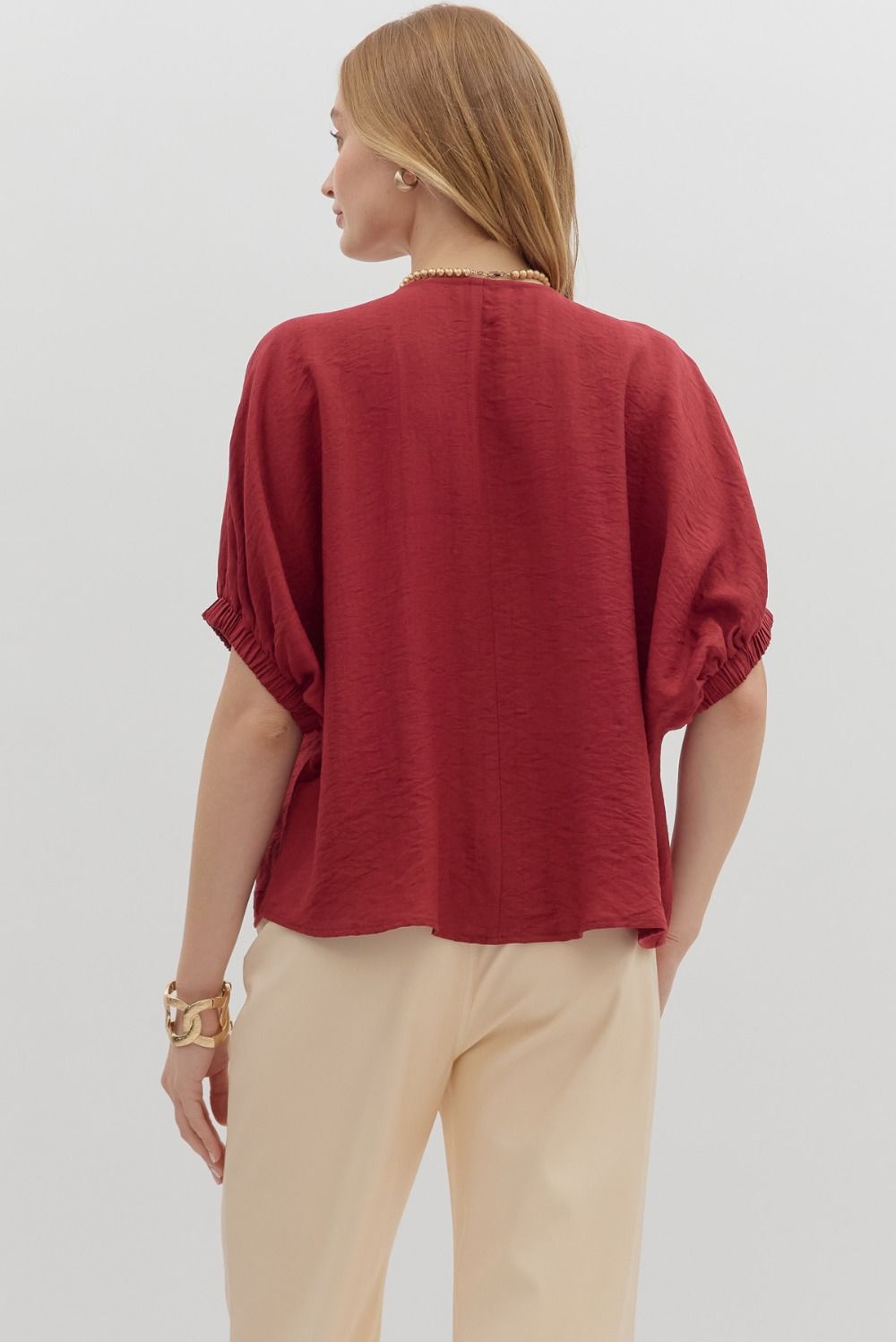 Solid Braided Detail Dolman Elastic Sleeve Top