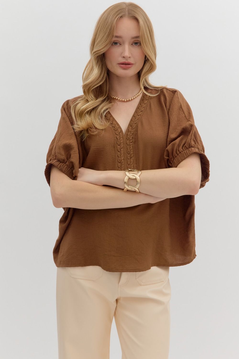 Solid Braided Detail Dolman Elastic Sleeve Top