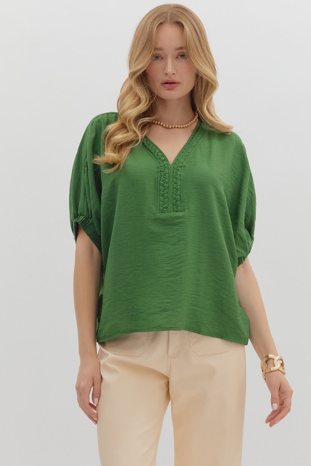 Solid Braided Detail Dolman Elastic Sleeve Top