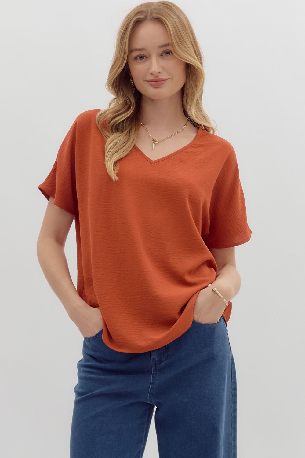 Solid V-Neck Loose Fit Top