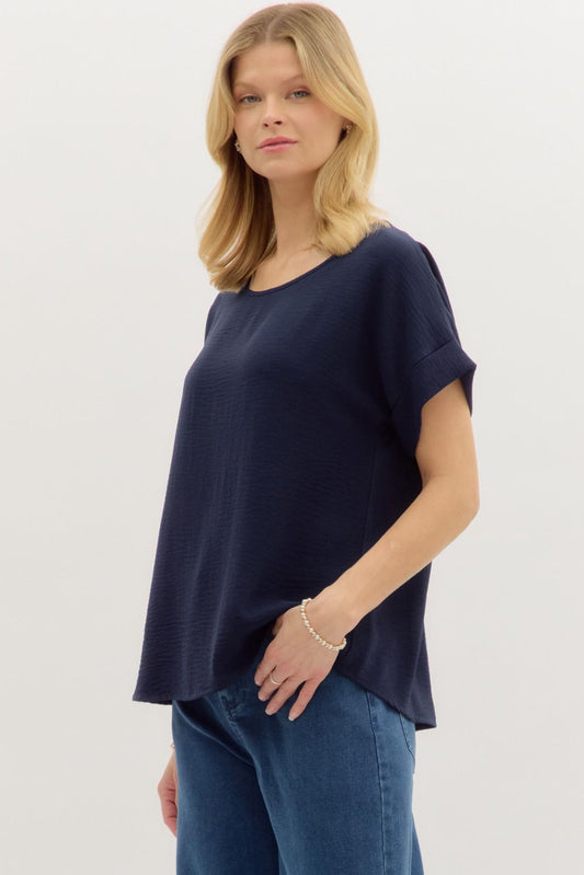 Solid Scoop Neck Cuff Sleeve Top - Fall