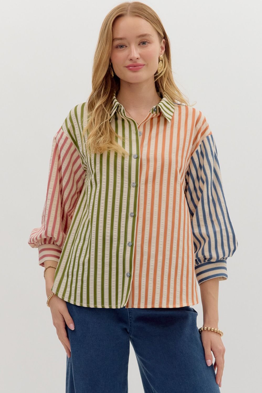 Multicolor Stripe 3/4 Sleeve Button Down Top