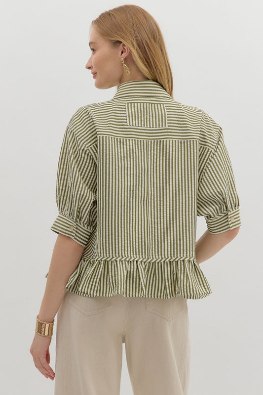 Striped Button Down Ruffle Hem 3/4 Sleeve Top