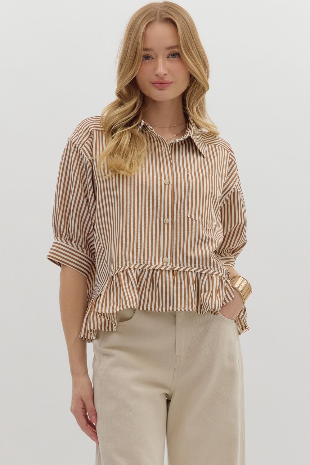 Striped Button Down Ruffle Hem 3/4 Sleeve Top