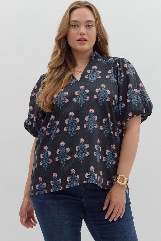 Floral Block Print Bubble Sleeve V-Neck Top-Black