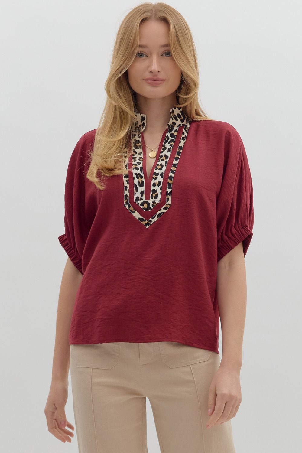 Solid Split Neck Leopard Accent Dolman Top