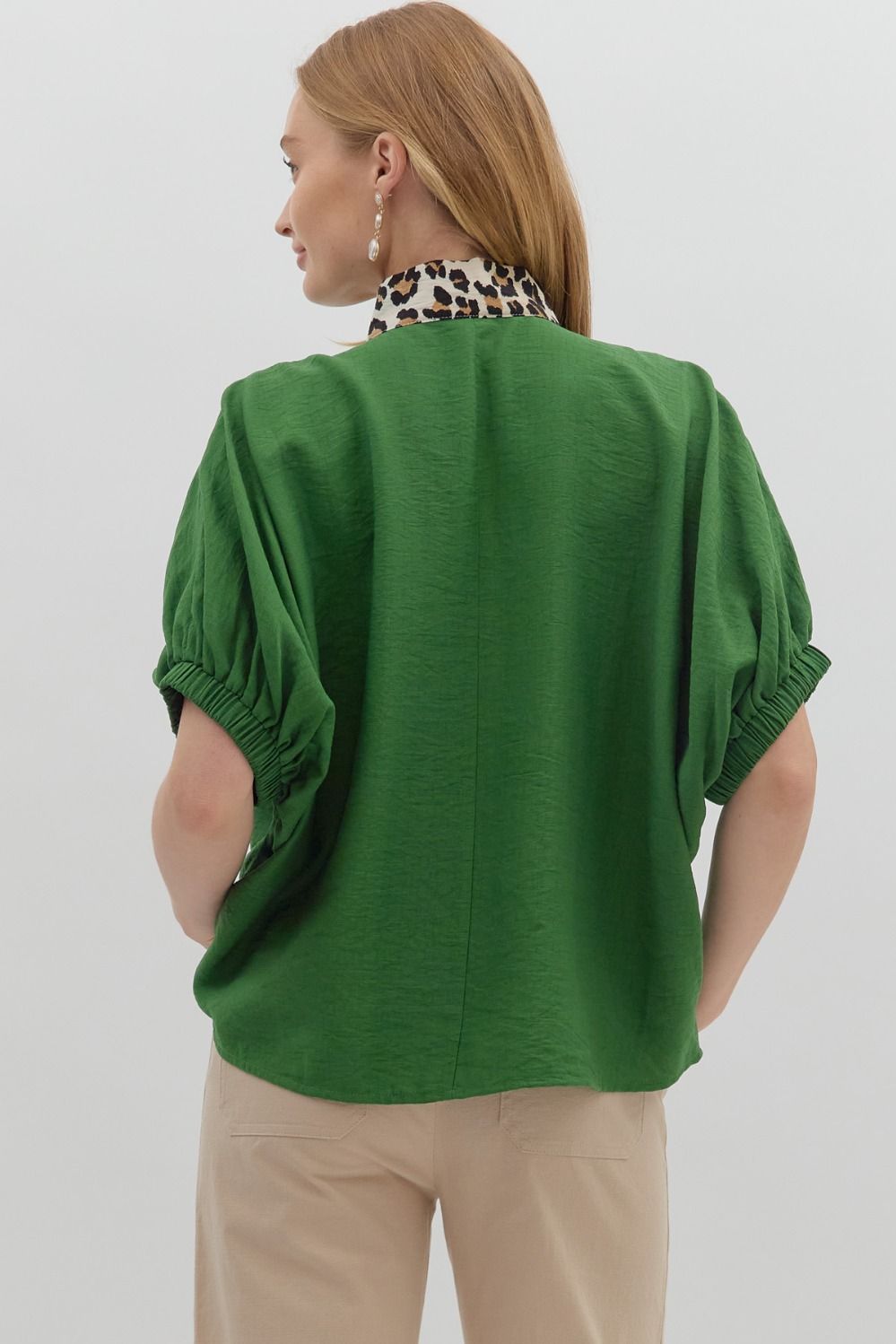 Solid Split Neck Leopard Accent Dolman Top