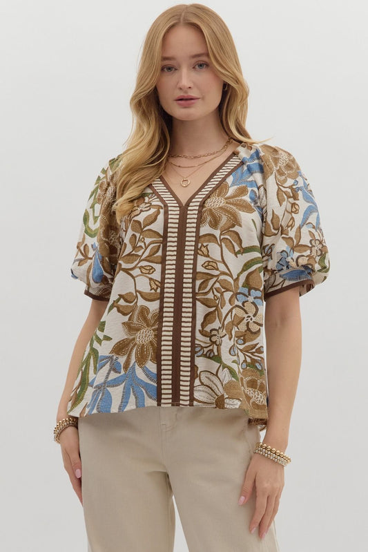 Botanical Print V-Neck Inset Stripe Top-Brown