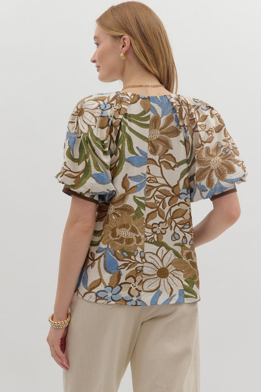 Botanical Print V-Neck Inset Stripe Top-Brown