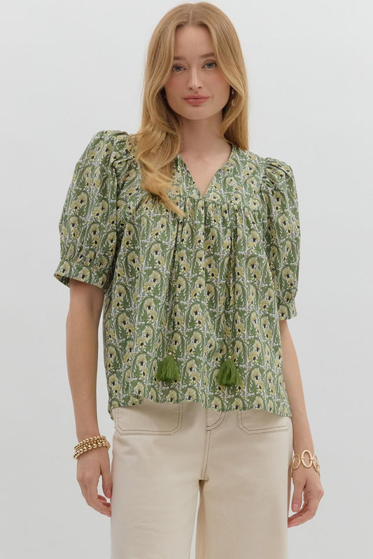Square Print Floral Tie Neck Top-Olive