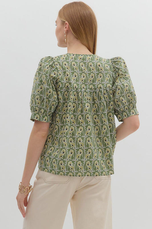 Square Print Floral Tie Neck Top-Olive