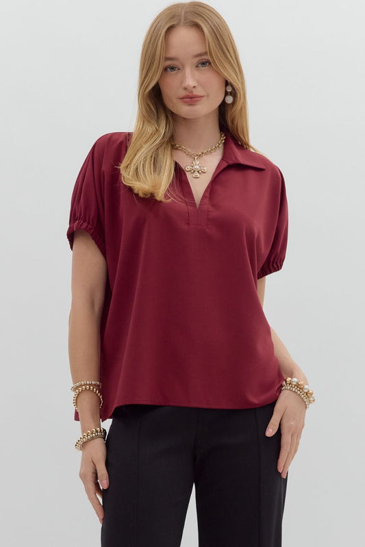 Solid Split Collar Elastic Sleeve Top