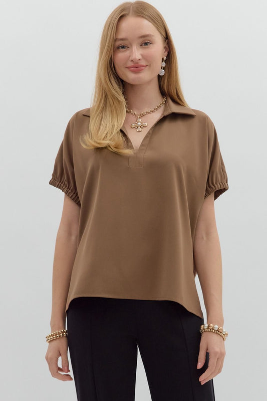 Solid Split Collar Elastic Sleeve Top